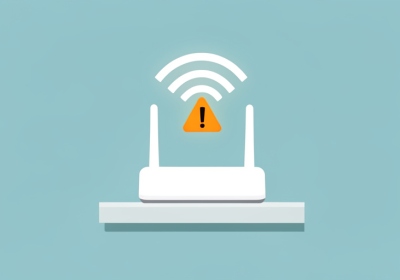 A minimalist illustration of a white home WiFi router with a signal icon above it and an orange warning triangle overlapping the signal