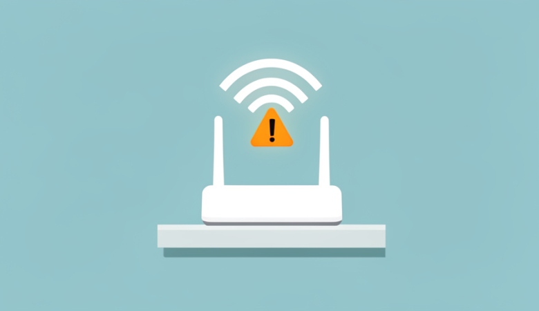 A minimalist illustration of a white home WiFi router with a signal icon above it and an orange warning triangle overlapping the signal