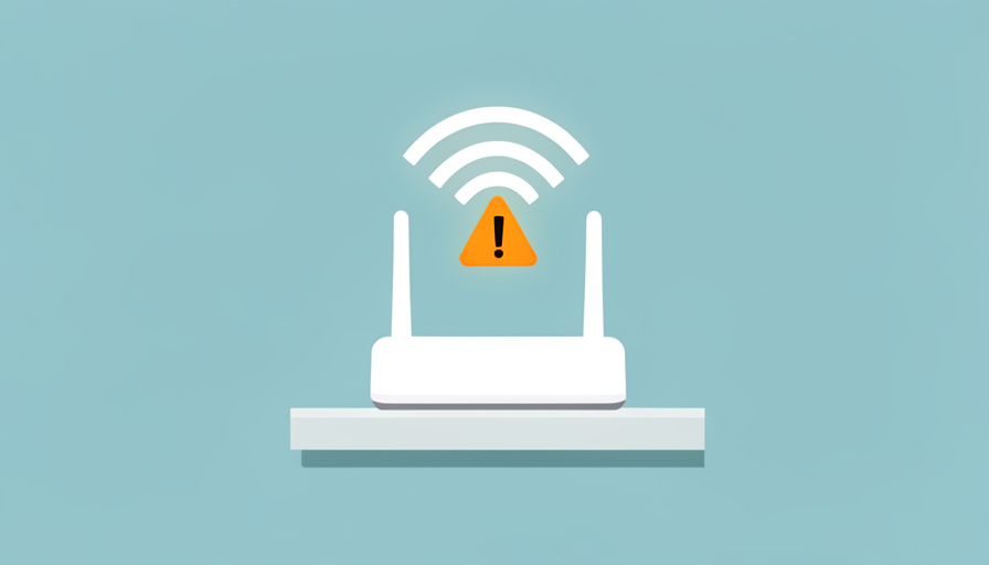 A minimalist illustration of a white home WiFi router with a signal icon above it and an orange warning triangle overlapping the signal