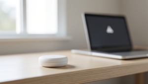 A home mesh WiFi node on a shelf beside a laptop showing a no-internet warning icon