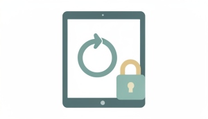 A minimalist illustration of a tablet showing a circular reset arrow with a padlock beside it