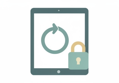 A minimalist illustration of a tablet showing a circular reset arrow with a padlock beside it