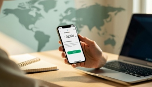 A person sending an international payment on a phone with currency symbols and a world map implied nearby