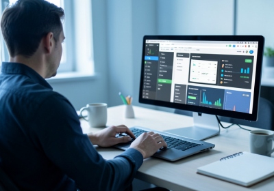 A web professional at a desk reviewing DNS and hosting settings on a laptop during a site migration