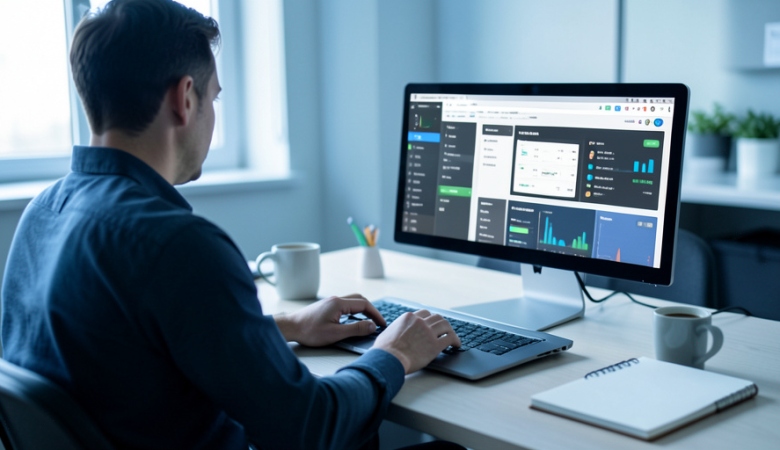 A web professional at a desk reviewing DNS and hosting settings on a laptop during a site migration