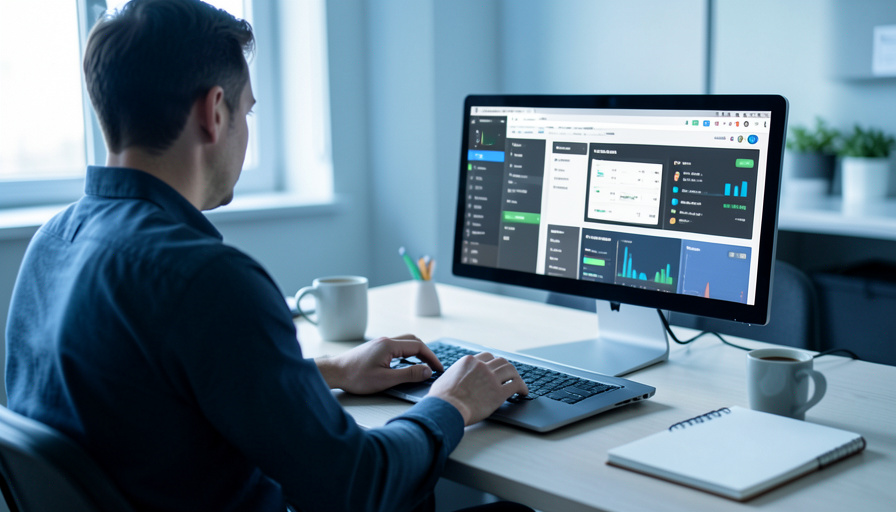A web professional at a desk reviewing DNS and hosting settings on a laptop during a site migration