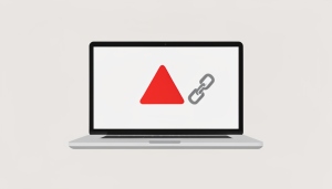 A laptop showing a blank content editor with a red error banner and a broken chain-link icon