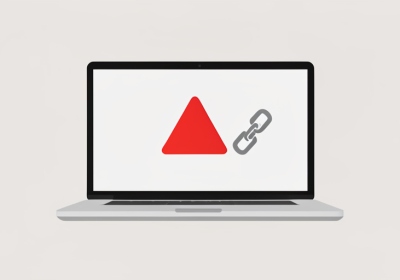 A laptop showing a blank content editor with a red error banner and a broken chain-link icon