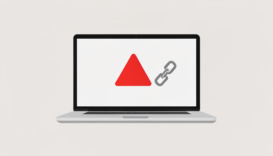 A laptop showing a blank content editor with a red error banner and a broken chain-link icon