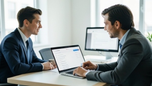 A small team reviewing a shared email inbox on a laptop in an office
