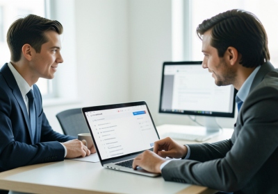 A small team reviewing a shared email inbox on a laptop in an office