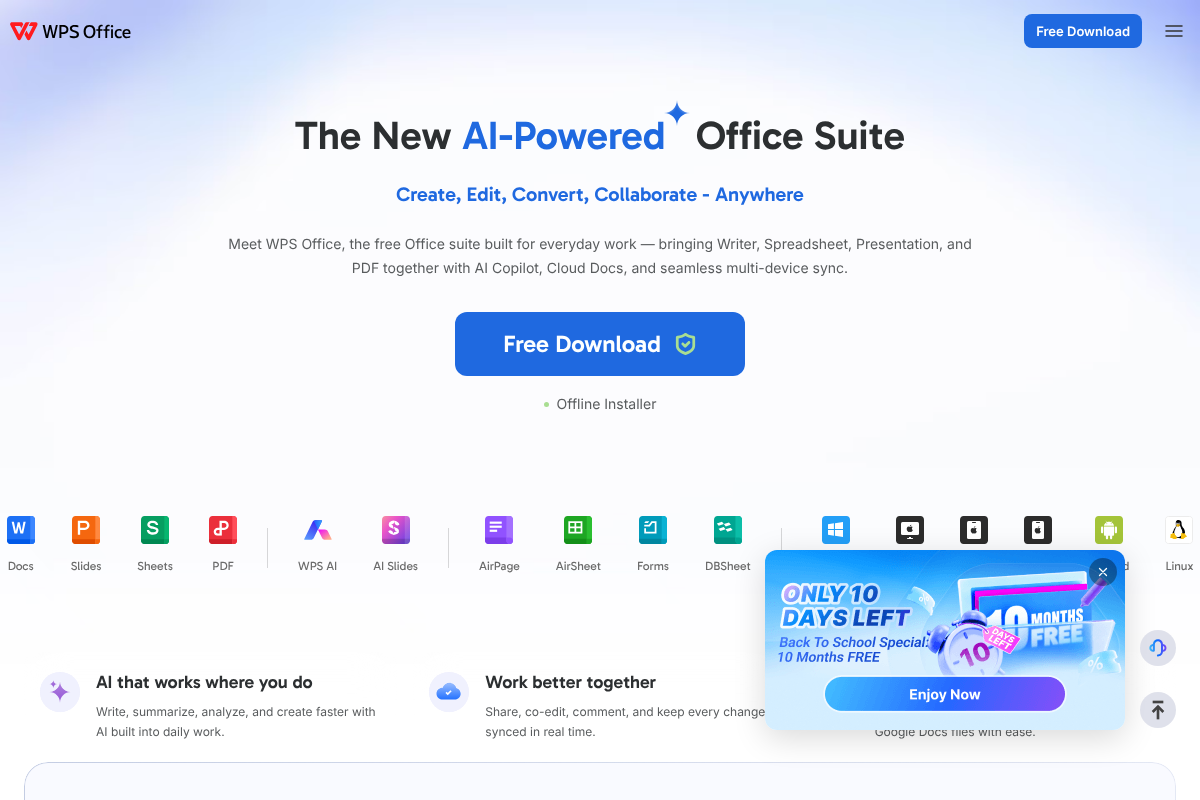 WPS Office homepage describing a free office suite with Writer, Spreadsheet, and Presentation