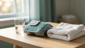 An automatic upper-arm blood pressure cuff monitor resting on a wooden table beside a glass of water
