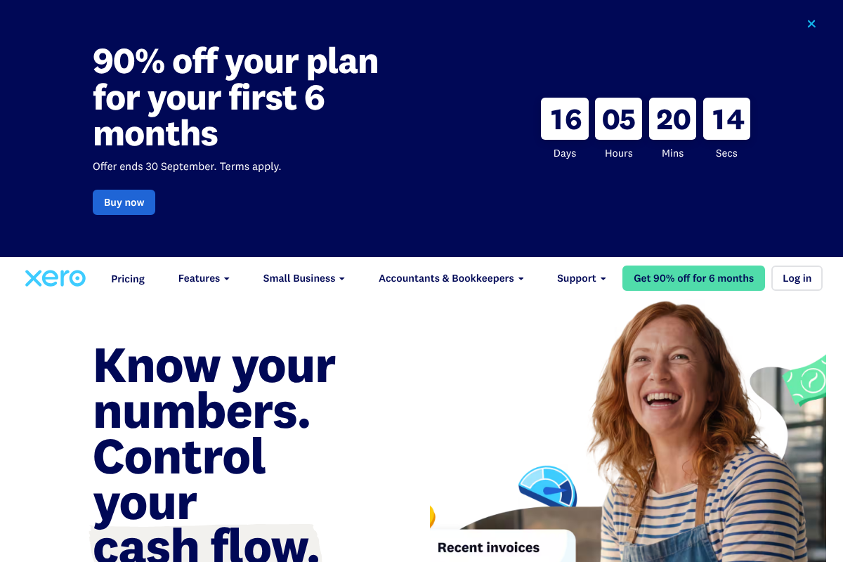 Xero accounting software homepage with the headline Know your numbers, control your cash flow