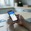 A person sending money on a banking app on a phone while sitting at a kitchen table
