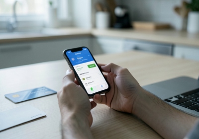 A person sending money on a banking app on a phone while sitting at a kitchen table