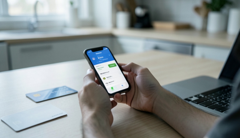 A person sending money on a banking app on a phone while sitting at a kitchen table