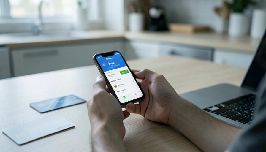 A person sending money on a banking app on a phone while sitting at a kitchen table