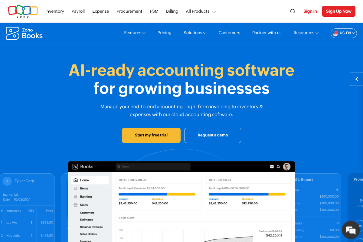 Zoho Books homepage describing cloud accounting software for growing businesses